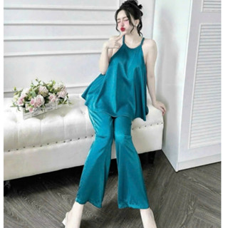 Set đồ ngủ nữ cổ yếm quần dài mặc nhà vải Latin mềm mát Freesize 54kg -cn90