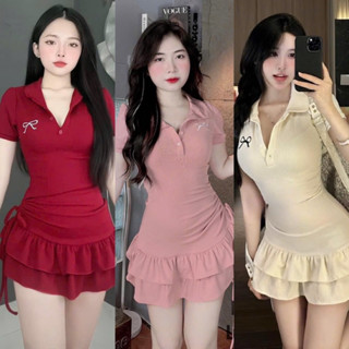 ĐẦM VÁY POLO CÀI KHUY CHẤT TĂM LOGO THÊU NƠ Dáng Ngắn Xoè Tầng Rút Hông