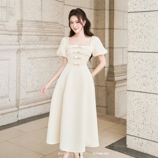 Váy tiệc nữ thiết kế cup ngực Vian dress taffta H.I.U Fashion , đầm lụa tay bồng cao cấp midi tôn dáng HIU design