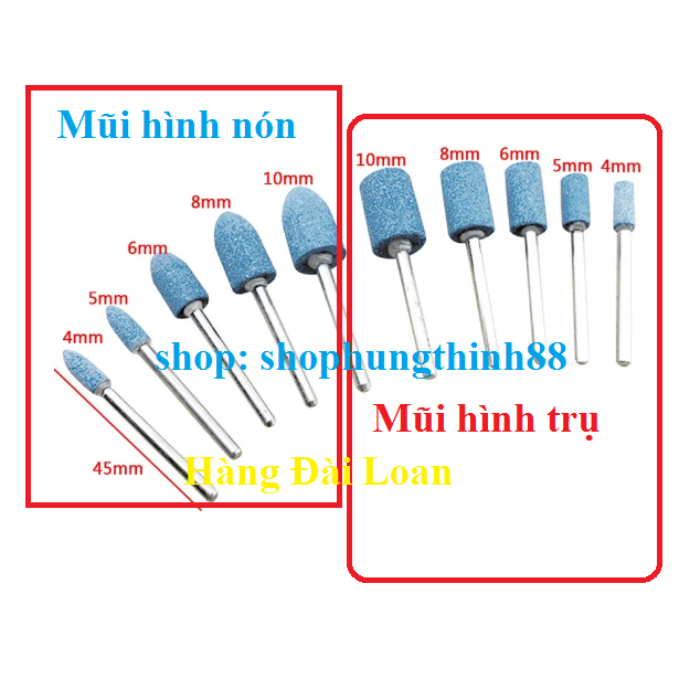 đầu đá xanh đài loan mài mịn trục 3mm - mũi đá mài mini mài nhôm, mài đồng, mài sắt, mài gỗ