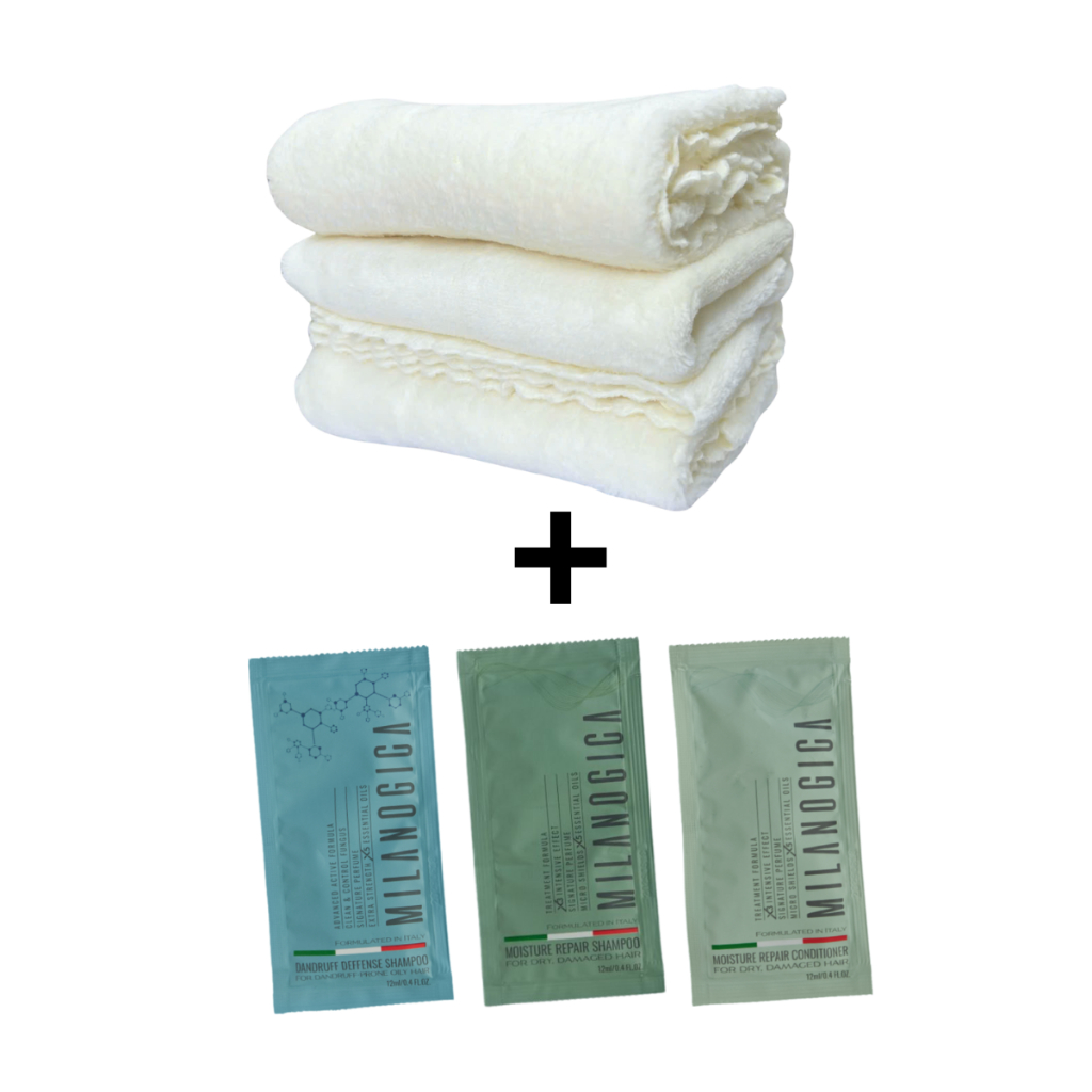 (Hàng tặng) Combo Khăn Meilandi + 2 Dầu Gội & 1 Dầu Xả Dạng Gói Milanogica Milanogica Shampoo / Conditioner 12ml