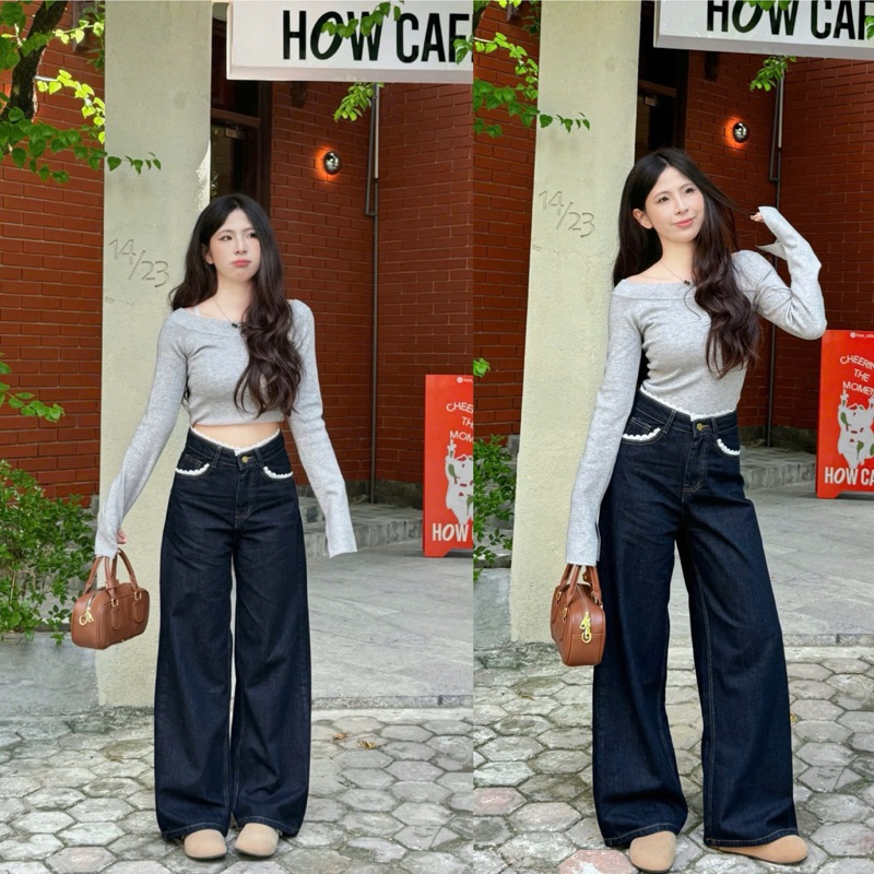 (94cm - Dành cho nấm) Quần jeans nữ ống rộng màu than phối ren nổi bật - MINI006 woman Pants | BigBuy360 - bigbuy360.vn