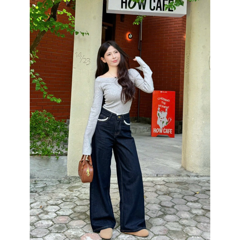 (94cm - Dành cho nấm) Quần jeans nữ ống rộng màu than phối ren nổi bật - MINI006 woman Pants | BigBuy360 - bigbuy360.vn