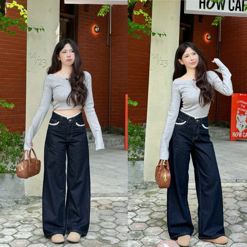 (94cm - Dành cho nấm) Quần jeans nữ ống rộng màu than phối ren nổi bật - MINI006 woman Pants