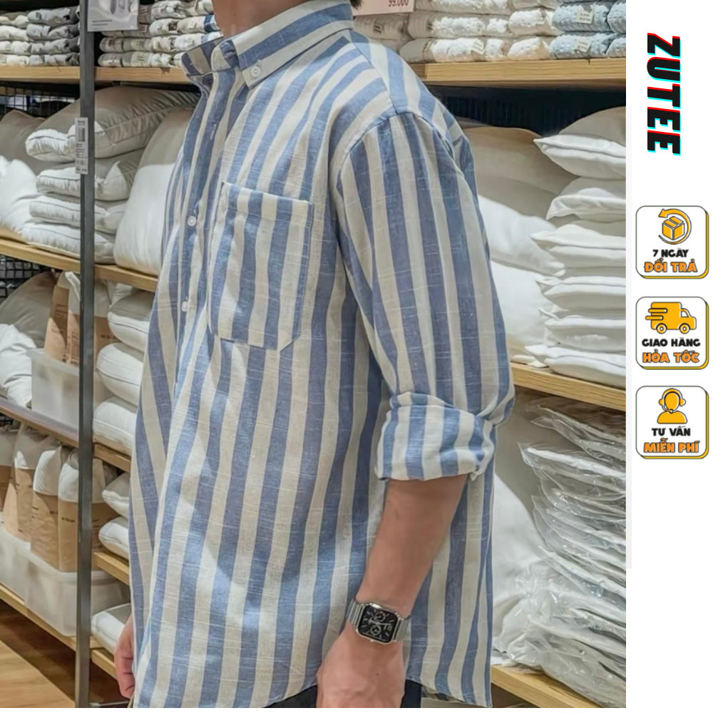 Áo Sơ Mi Kẻ Sọc Xanh - Nâu Vải Linen Cao Cấp Form Rộng Có Túi Ngục , Áo Sơ Mi Oversize ZUTEE