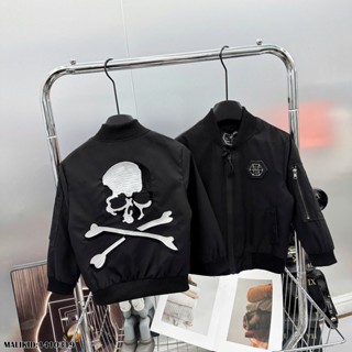 Áo khoác bomber gió bé trai Philipp Plein thêu logo sắt ngực túi zip tay phối xương đầu lâu lưng - 14103