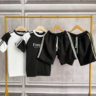 Set quần áo nam, bộ đồ nam tay ngắn phối sọc đen trắng thêu chữ ngực, quần kaki dày dặn mềm mịn