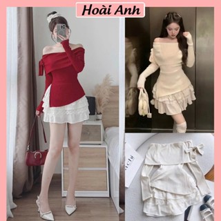 Set Bộ Đồ Nữ Áo Len Tăm Trễ Vai Nơ Vạt Chéo Lệch Mix Chân Váy Xòe Tầng Phối Viền Ren Diện Noel Tết Freesize