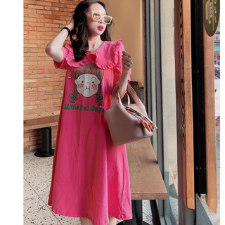Váy suông nữ, đầm xuông chữ a cottong cổ bèo in hình 3 màu xinh xinh