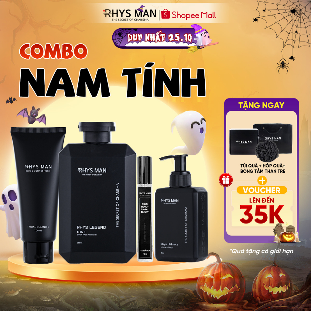 Combo Sữa tắm gội nam 3in1 350ml & Sữa rửa mặt nam 100ml & Dung dịch vệ sinh 120ml & Nước hoa nam 10ml RHYS MAN