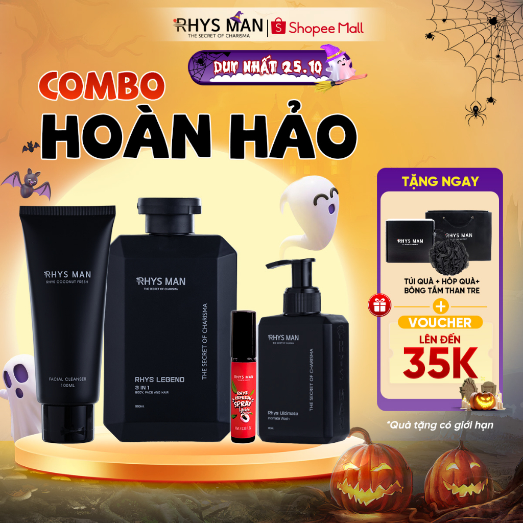 Combo Sữa tắm gội nam 3in1 350ml & Sữa rửa mặt nam 100ml & Dung dịch vệ sinh nam 120ml & Xịt thơm miệng 10ml RHYS MAN