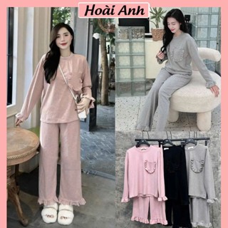 Set Bộ Đồ Nữ Len Tăm Lông Thỏ Áo Trơn Túi Viền Bèo Dài Tay Mix Quần Suông Ống Rộng Viền Bèo Gấu Freesize