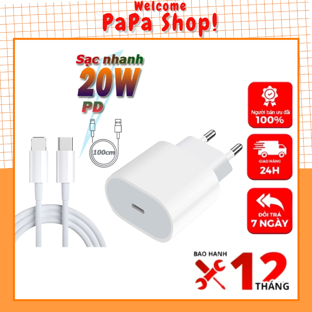 Sạc nhanh PD 20W (Củ +dây cáp) cho 7 8 plus X Xs Max 11 12 13 14 Pro Max [PAPA 579]