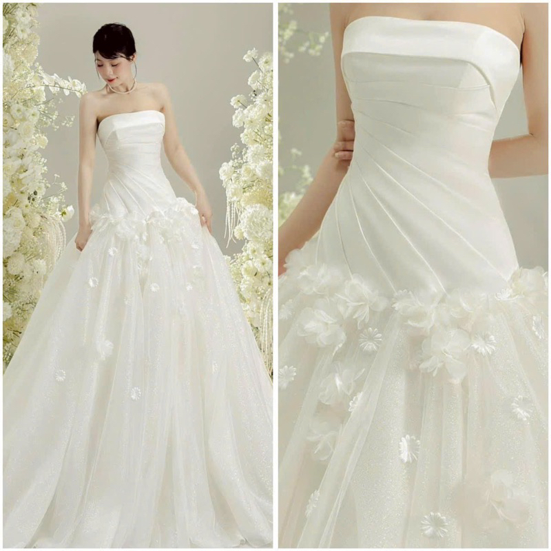  Váy Cưới Cúp Ngực Xếp Ly Chéo Eo Lưới Kim Tuyến Bling Cho Dâu Dự Tiệc Size SML V789 AĐ BOUTIQUE 