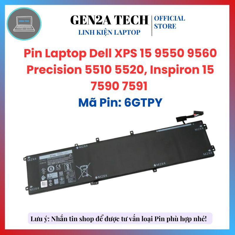 Pin Laptop Dell XPS 15 9550 9560, Precision 5510 5520, Inspiron 15 7590 7591, 5XJ28 6GTPY H5H20 56W 97W ZIN - BH 6 Tháng