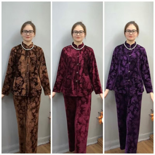 Quần Áo Bà Ba Chất Nhung Vân Hoa Cổ Tàu Dành Cho Người Già - Món Quà Tặng Bà Và Mẹ