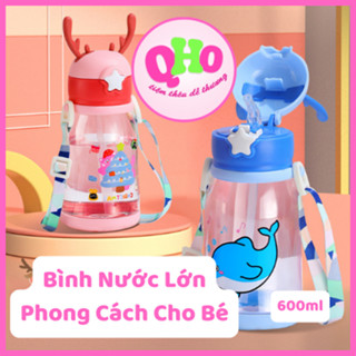 Bình Nước Cho Bé, Bình Nước Học Sinh - Dung Tích Lớn 600ml, Nhựa PP An Toàn Sức Khỏe, Đi Học Đi Chơi - Tiệm Thêu QHO