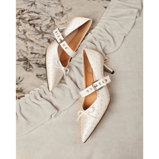 Giày cao gót nữ bít mũi nhọn nơ ria mèo, quai ngang đính đá gót cao 5cm phù hợp đi tiệc đi chơi | ALEX & SARA - LT24