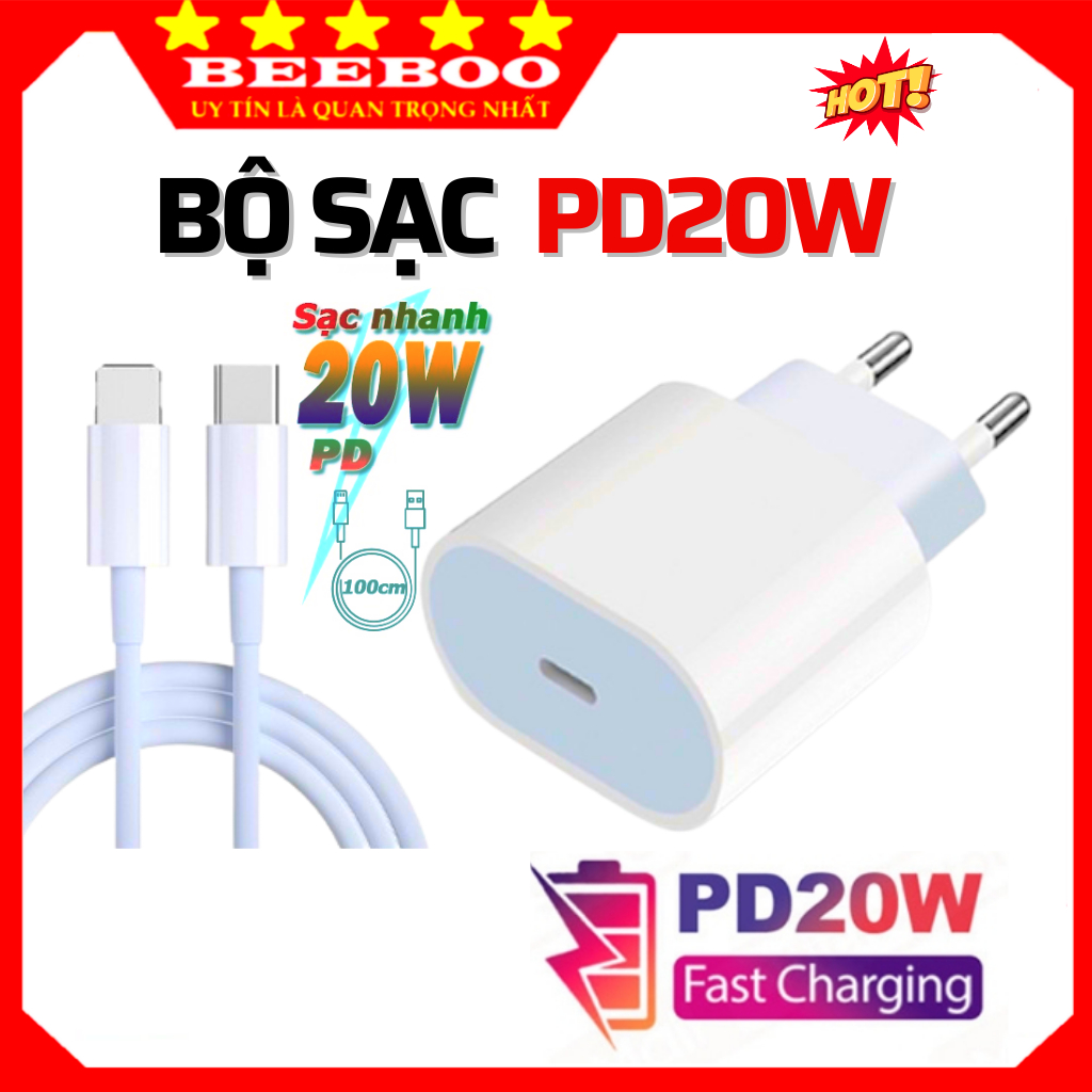 Bộ sạc siêu nhanh PD 20W (Củ +dây cáp) cho 14 Pro Max 12 Pro Max 13 Pro Max 11 Pro Max 7 8 plus X Xs Max Xr [BeeBoo]