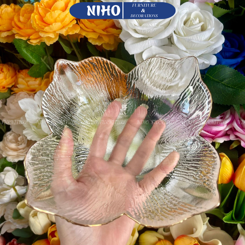 Bát đĩa thuỷ tinh trong suốt hoa huệ viền vàng cao cấp NIHO chịu nhiệt cao, đựng đồ ăn sang trọng NH