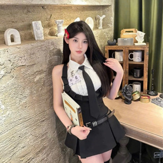  GB006 Set bộ áo kèm váy yếm xếp li phụ kiện cà vạt thẻ học sinh phong cách cá tính quyến rũ 