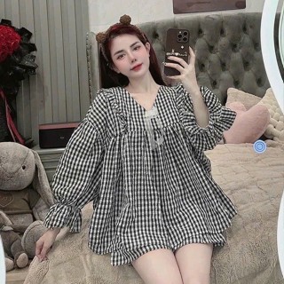 Set babydoll tay Dai quần Đùi phồng caro, đồ bộ nữ kẻ caro kiểu dáng babydoll buộc nơ chất vải đũi xốp bánh bèo