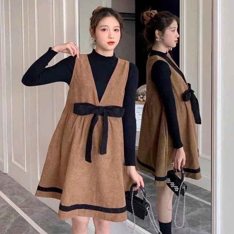 Đầm bầu thu đông yếm nâu nơ ngực, đầm bầu thu đông công sở, đầm bầu thu đông mặc tết, noel, dự tiệc