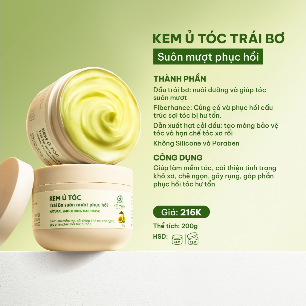 Kem ủ tóc Keratin phục hồi tóc mềm mượt thiên nhiên cải thiện khô xơ chẻ ngọn Trái Bơ Cỏ Mềm 200g