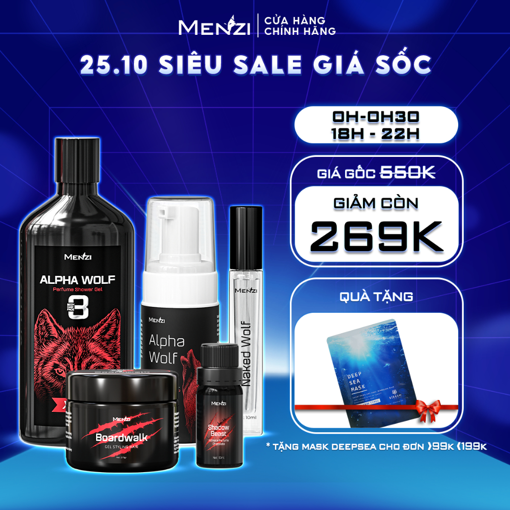 Combo Sữa Tắm Gội MENZI 3in1: 5SP - ST, Bọt Vệ Sinh Nam, Nước Hoa Nam10ml, Nước Hoa Vùng Kín, Gel Vuốt Tóc Cao Cấp 250gr