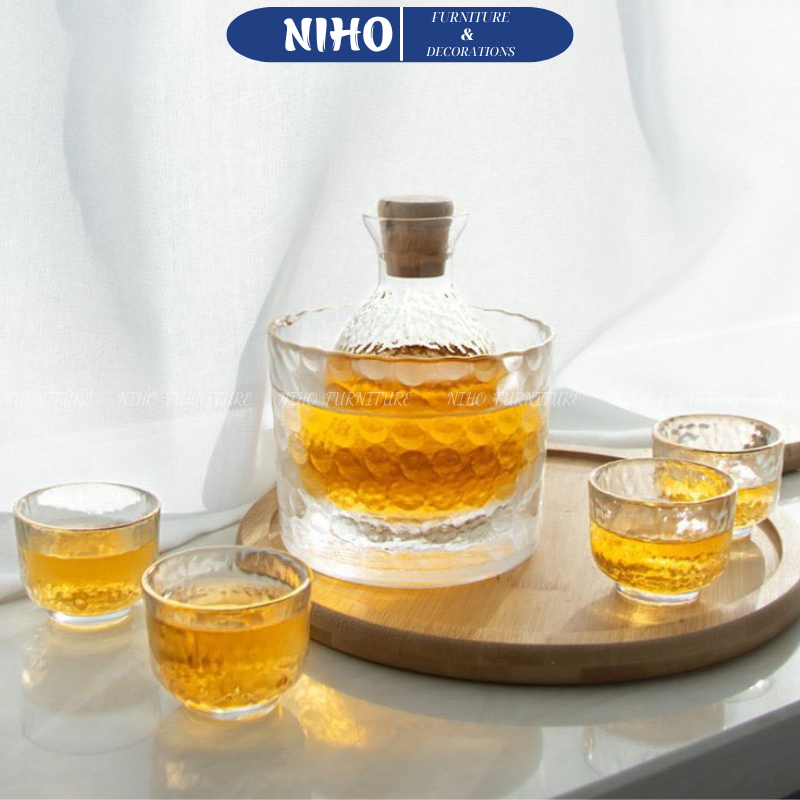 Bộ bình uống rượu Sake thuỷ tinh cao cấp phong cách Nhật Bản thiết kế vân đá NIHO sang trọng, hiện đ