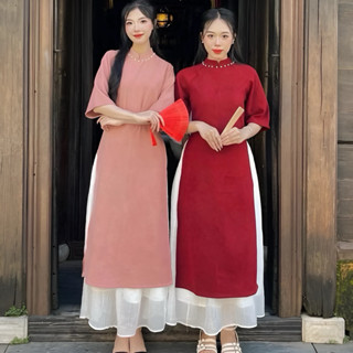  Sét Áo Dài Cách Tân Cổ Ngọc Gồm Áo Dài Nhung Tăm + Chân Váy Tơ Dài cho các nàng thơ dịp lễ Tết B1V27 