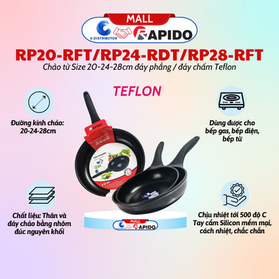 [HỎA TỐC] Chảo từ Rapido đáy phẳng Teflon RP20-RFT|RP28-RFT (20-28cm) - Đáy chấm RP24-RDT (24cm) - Chính hãng