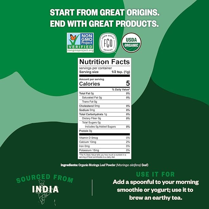 Bột Lá Chùm Ngây Hữu Cơ Hỗ Trợ Miễn Dịch, Tim Mạch Và Chống Oxy Hóa FGO Organic Moringa Powder 453g