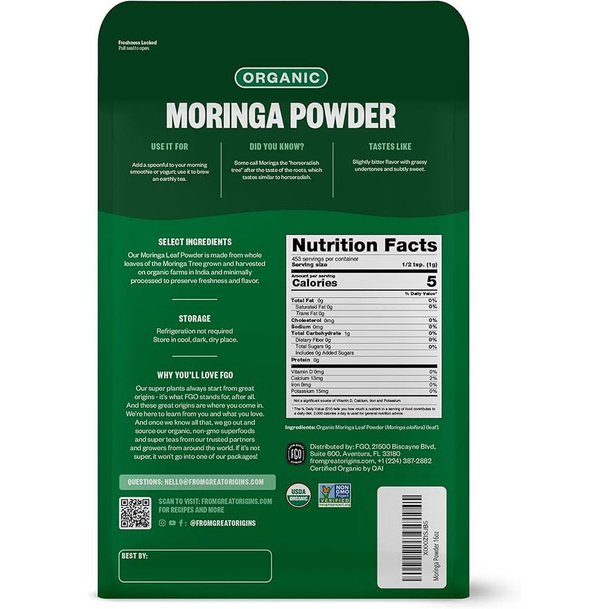 Bột Lá Chùm Ngây Hữu Cơ Hỗ Trợ Miễn Dịch, Tim Mạch Và Chống Oxy Hóa FGO Organic Moringa Powder 453g