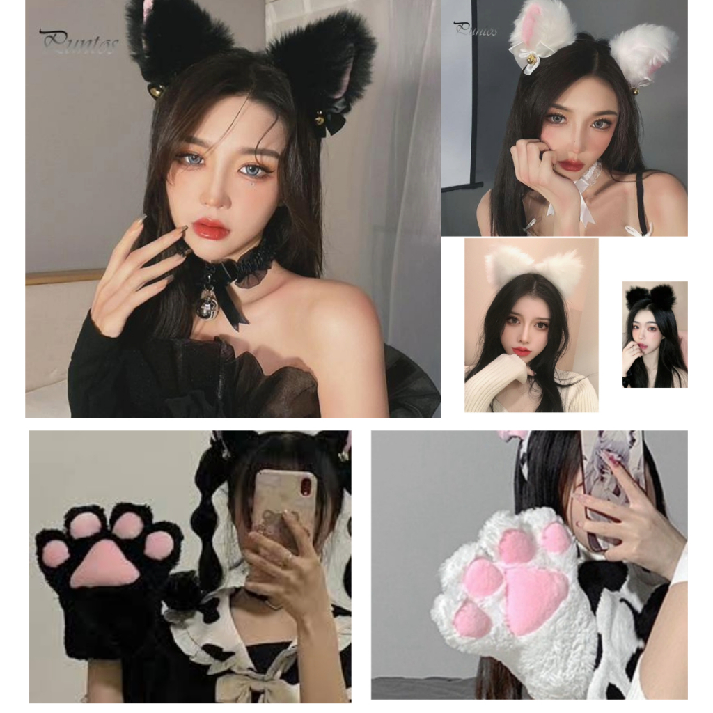 Tai, bờm tai mèo, băng đô tai mèo đen, trắng, găng tay, đuôi mèo hoá trang Halloween, Noel