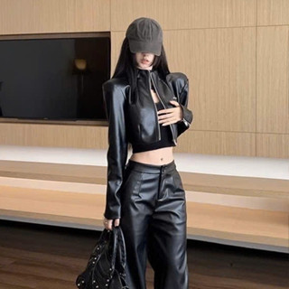 GB009 Set da áo khoác dáng croptop dài tay khóa kéo kim loại quần ống rộng hách dáng cá tính