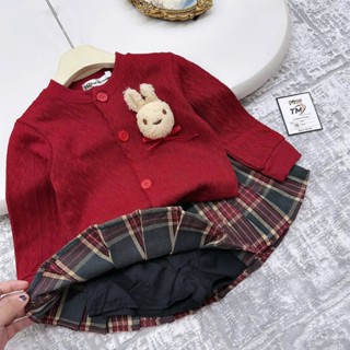 Set Áo Len Thỏ Dài Tay Cho Bé Gái + Chân Váy Chữ A, Bộ Đồ Thu Đông Bé Gái Mặc Mềm Mại Dễ Chịu Cho Bé Từ 8-35kg