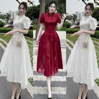 Váy SƯỜn XÁM Cách Tân Dự Tiệc Phong Cách Trung Hoa Dáng xoè Dài Phối Lưới Sang Trọng Nhẹ Nhàng Cho Nữ - TUONGVY005