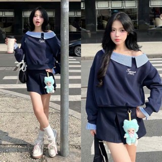 Set Áo Sweater Tím Than Nỉ 2 Da Lệch Vai Phối Kẻ Thêu Ngực Mix Chân Váy Xếp Ly Dạ Tex Hack Tuổi [SV106] LOLLAYE
