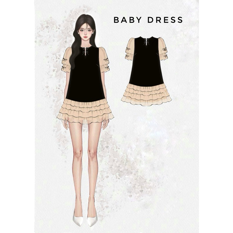 Váy nhung tiểu thư Dilyshop phối tay bồng đính nơ thiết kế chân bèo có quần bảo hộ kín đáo | BigBuy360 - bigbuy360.vn