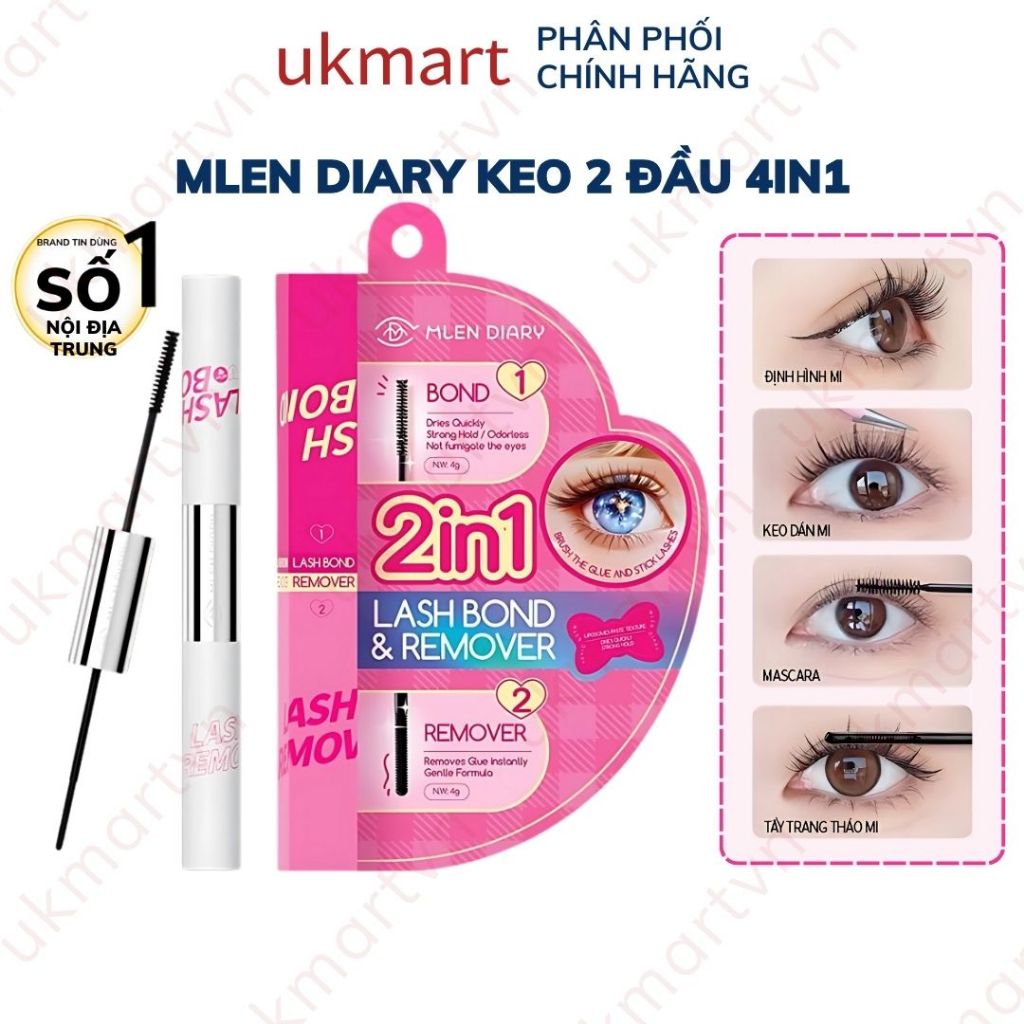 Keo Hai đầu Mascara 4in1 MLEN DIARY CHÍNH HÃNG KEO Kết Hợp Dung Dịch Tẩy Keo, Tiết Kiệm Thời Gian Cho Người Mới Gắn Mi
