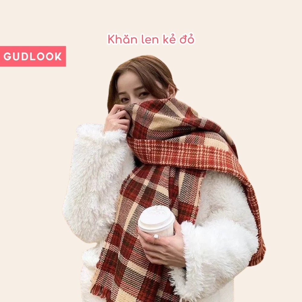 Khăn Len Dạ GUDLOOK Kẻ Đỏ Dài 175cm Giữ Ấm Đỉnh Cao Chất Len Dày Phụ Kiện Sành Điệu Cho Mùa Đông