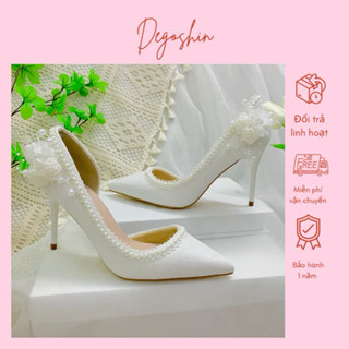Giày cưới, giày cao gót 9p viền ren ngọc đính hoa sau hậu sang trọng thiết kế độc quyền của Degoshin