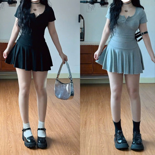   Có Bigsize  Đầm body cài nút  phối tùng nhúng,đầm ngắn tay xếp ly eo cổ chữ U phong cách thanh lịch có lót quần bảo hộ 