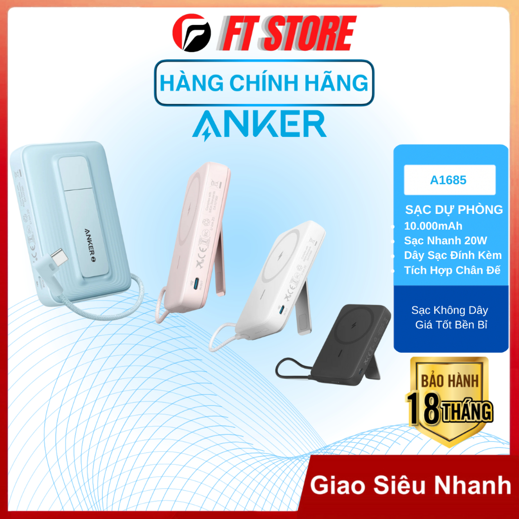 Pin sạc không dây Anker A1685 10000mAh kèm cáp sạc nhanh có dây 30W, không dây 7.5W-15W chính hãng -