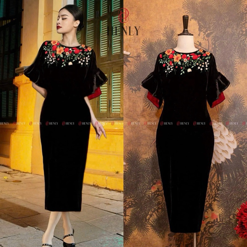 Váy Nhung The Tay Loe Tím Đỏ Đen Thêu Hoa Cổ Thuỳ Ngô Thanh Store