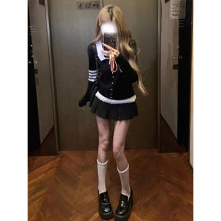 (Hàng QuảngChâu) Set 2 món áo len cổ bẻ nơ sọc tay kèm chân váy xếp li ngắn bản to cạp chun phối ren siêu xinh cho nữ