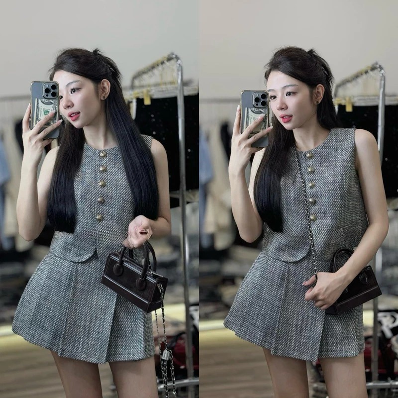 A204 Set dạ tiêu gile hàng 2 lớp áo sát nách mix chân váy xếp ly có lót quần dày dặn siu nịnh dáng