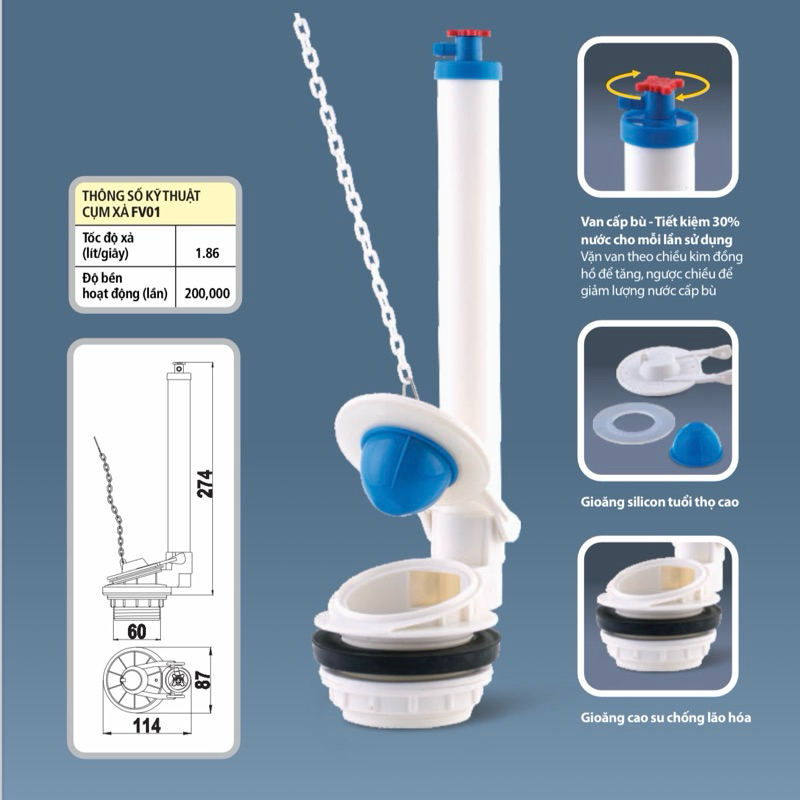 Cây xả bồn cầu két rời cần gạt và nút 1 nhấn - Cụm xả FV01