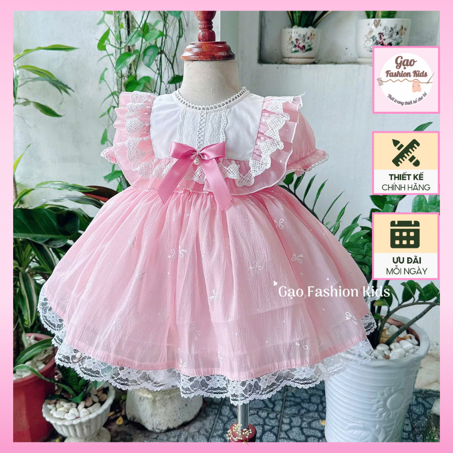 Váy Công Chúa Phối Ren - Nàng Thơ Bé Gái -Gạo Fashion Kids- Váy Hồng Bé Gái, thiết kế 2 lớp mềm mại